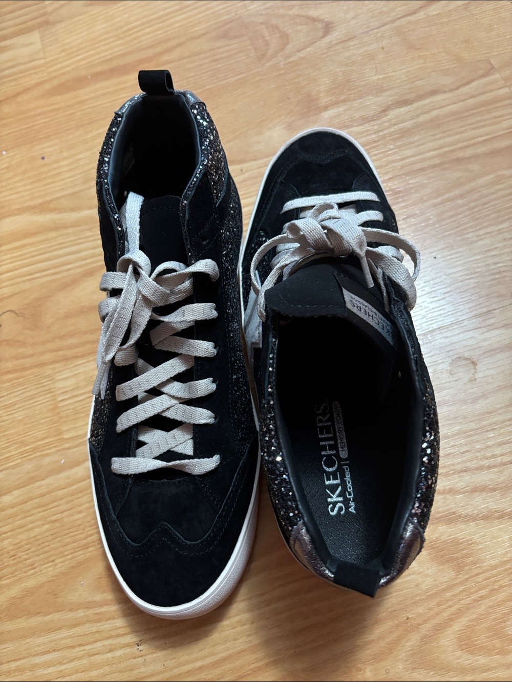 Skechers Women’s Black Glitter Lace-Up High Top Sneakers with Silver Accents - Picture 4 of 4
